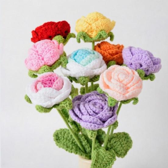 Flor de Crochê de Lã Rosa Artificial Flor que Nunca Murcha Flor Duradoura Design de Textura 3D Floração Romântica para o Dia das Mães