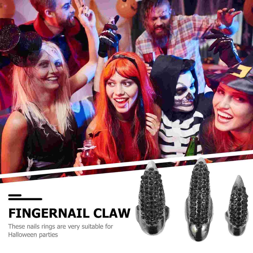 10 Pcs Vintage Rhinestone Cat Claw Long Fake Nails Gothic Zinc Alloy Finger Claw Nail Ring Halloween Party Nail Tools