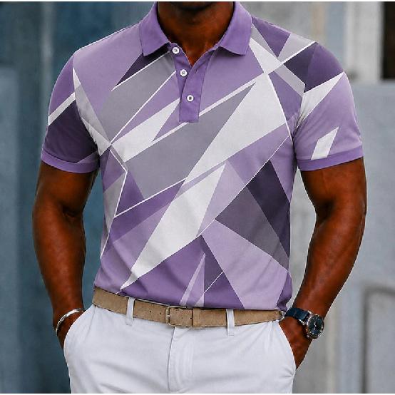 Geometric Pattern Short-Sleeve Polo Shirt for Men, Casual Sporty Style