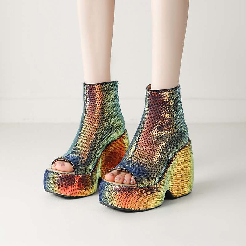 Krazing Pot Sequin Cloth Spring Summer Size 43 Size 42 Women Platform Women Peep Toe Toe Sexy Summer Boots Zipper Thick Bottom Pumps