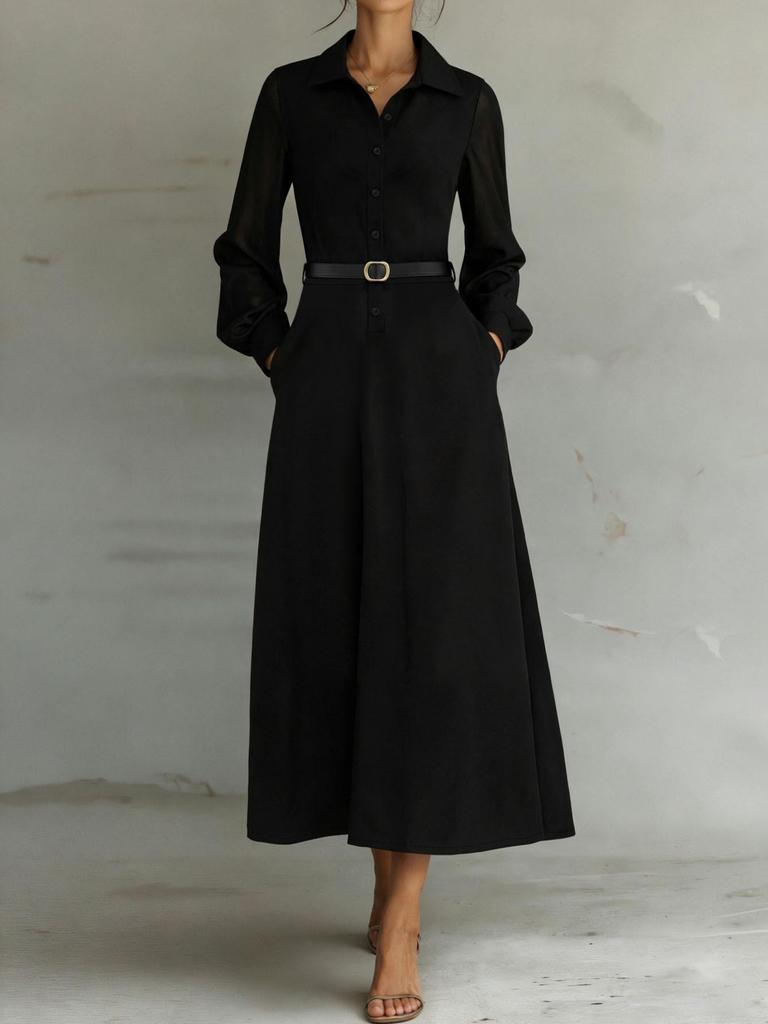 French Elegant Black Mesh Long Sleeve Waist-Cinching Slim Dress for Women