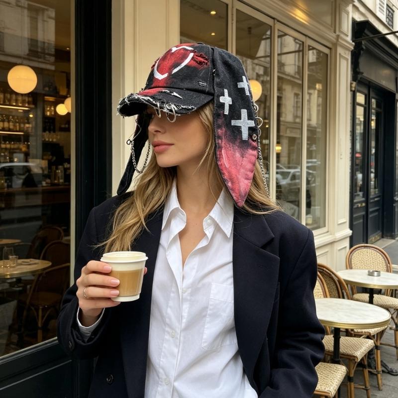 Cappellino da baseball in misto cotone effetto invecchiato con pannelli estesi, dettagli in metallo e visiera rivolta in avanti per festival