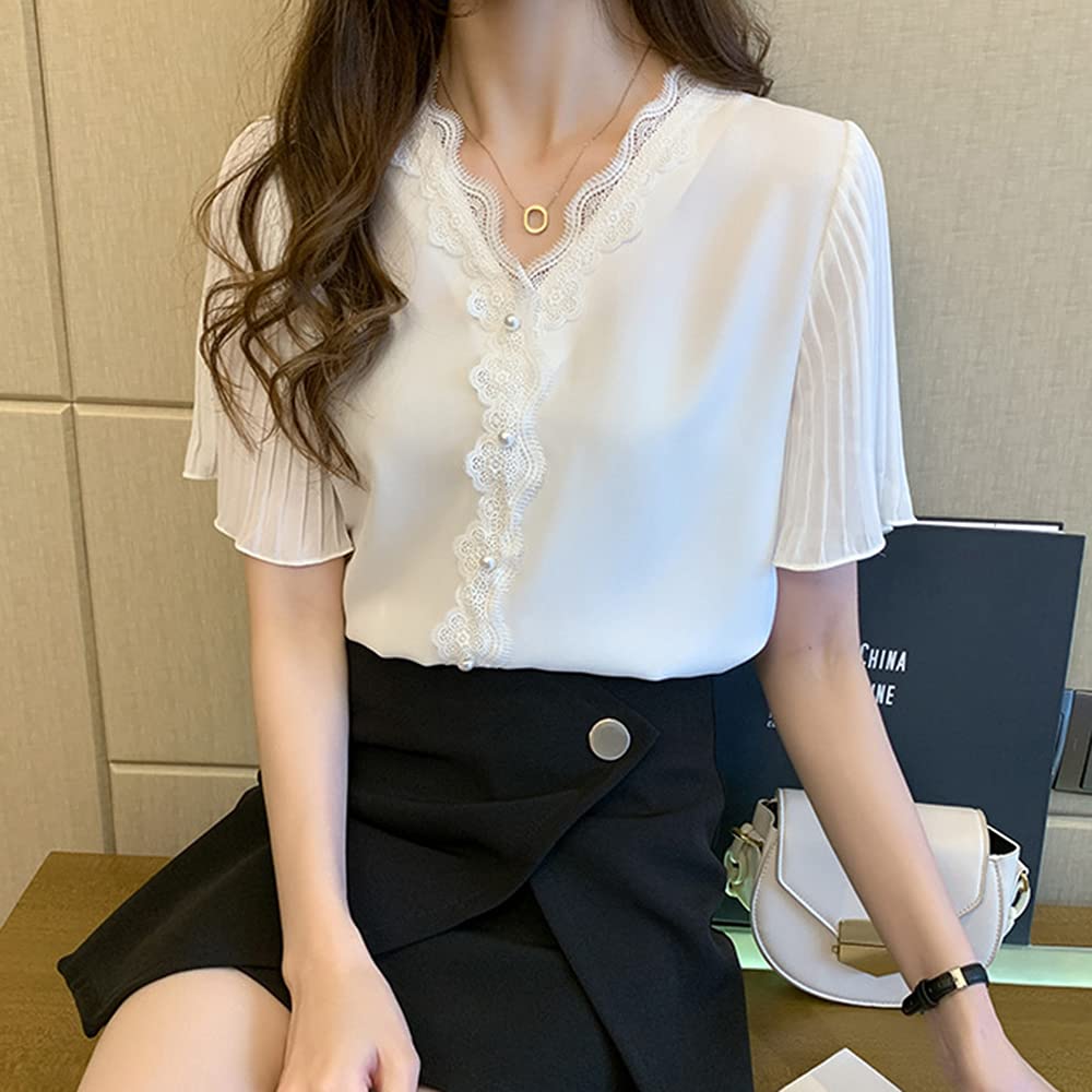 Lace Blouse Chiffon Tops Flared Short Sleeve Korean Style Summer Stylish Neat Thin Adult Cute Loose Fit Slimming Casual Office Commuting OL Date