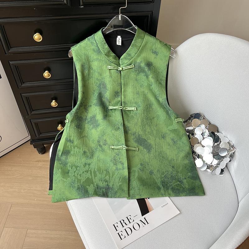 

Темпераментный изысканный зеленый жаккардовый жилет одежда для матери воротник-стойка на пуговицах топ без рукавов 3XL ([Recommended 138-75kg]) зелёный