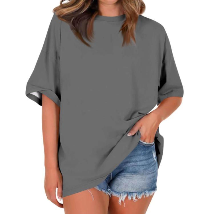 Women Casual Loose T Shirt Round Neck Short Sleeve Falling Shoulder Solid Color Top Ladies Fashion Blouse