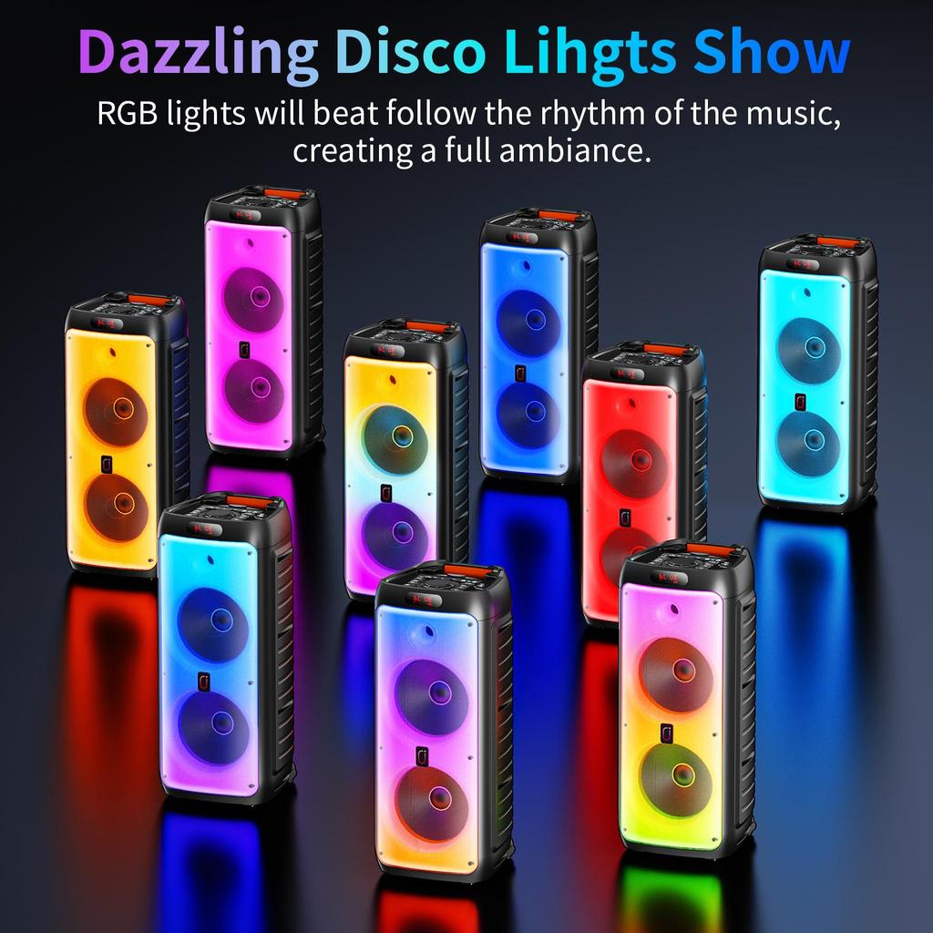 T38 Large Bluetooth Speaker, Wireless Speaker with Wheels and Push Rod, Karaoke Machine with Two Microphones With Tws