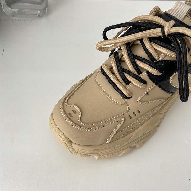 Daddy Shoes Women's  Autumn New Leather Double Lace Casual Sports Shoes with Thick Bottom and Heightened All-match Round Toe