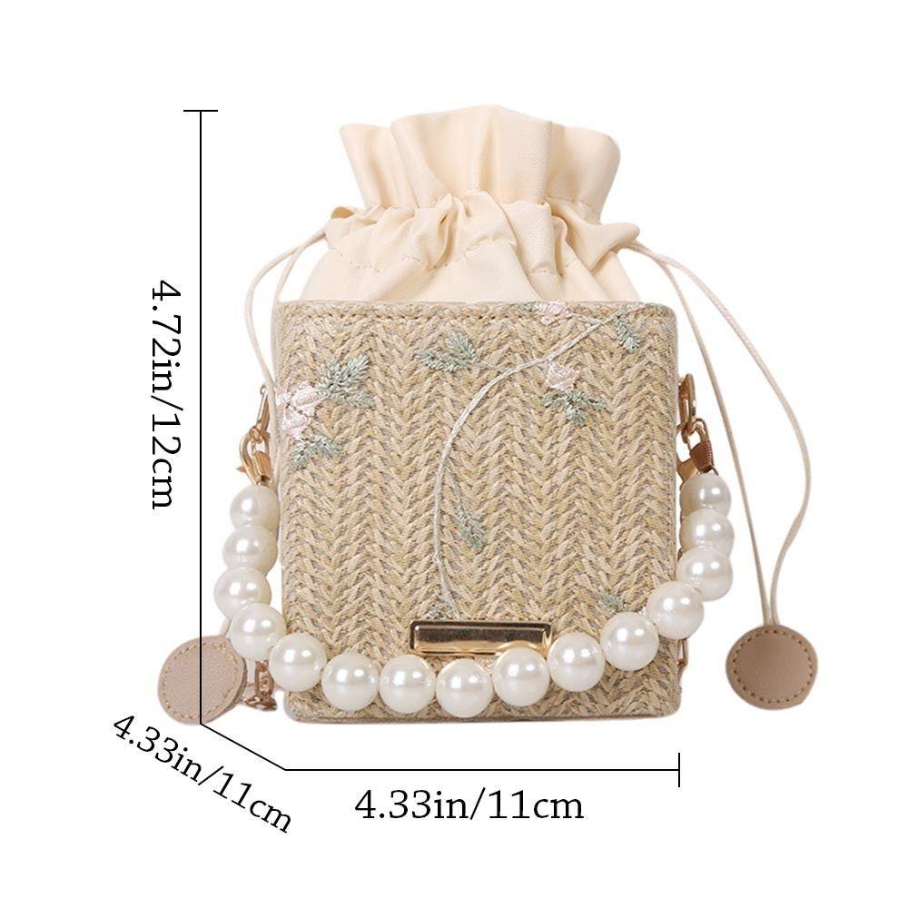 Exquisite Luxury Women Summer Pearl Handbag Straw Bag Fashion Chain Shoulder Bags Girls Chain Crossbody Bags Bucket Bag