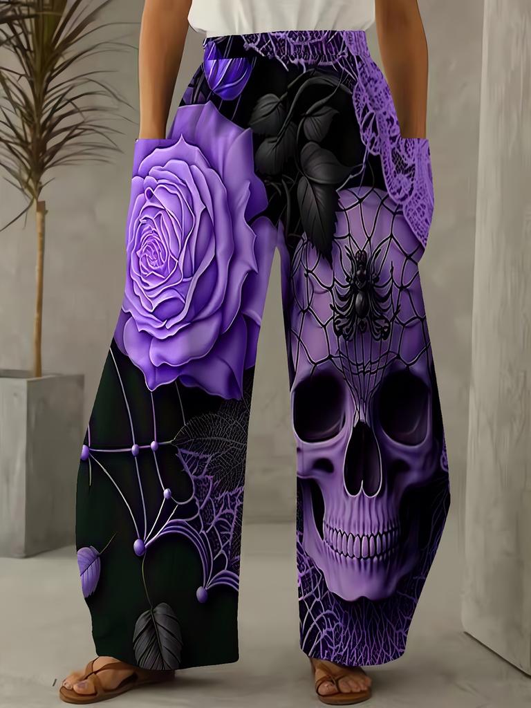 Women'S Pink Heavy Petal Rose Skull Spider Graphic Wide Leg Pants, Casual Elegant Loose Fit Comfortable Cool, Double Pockets