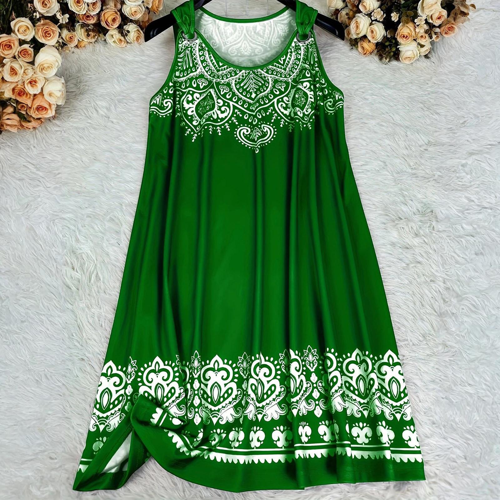 

Women s Fashionable Plus Size Round Neck Sleeveless Printed Casual Loose Vest Dress XXXXL зелений