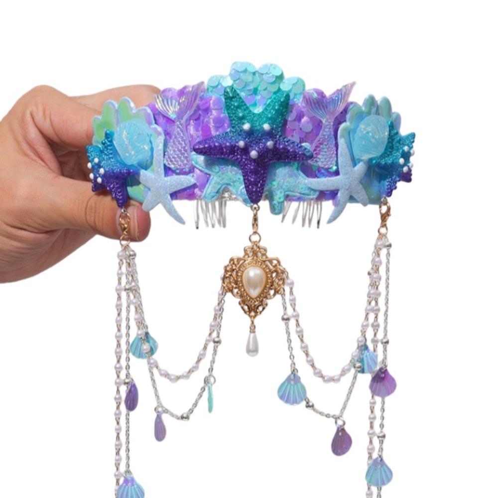 Tassel Mermaid Princess Headband Pearl Jewelry Tassel Crown Forehead Necklace Hair Hoop Children