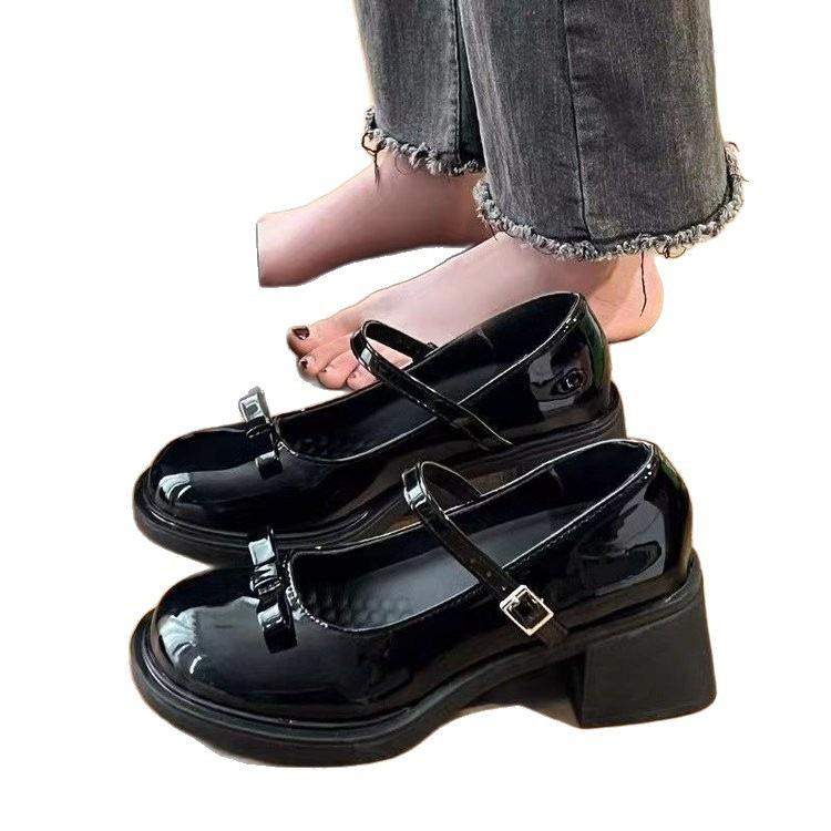 Bow One-word Buckle with Mary Jane Shoes Women's 2025 Spring and Summer New Thick Heel Retro British Style French Small Leather Shoes