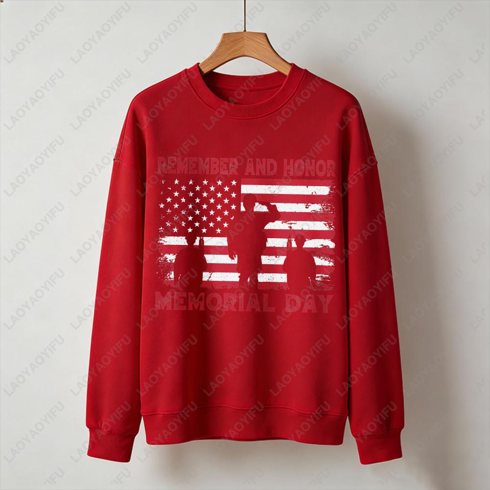 Remember and Honor Memorial Day Sweatshirt Men Women Crewneck Long Sleeve Pullover Patriotic Military Veteran Flag Gift Tops