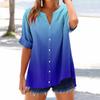 Women's loose printed stand collar short-sleeved cotton and linen top