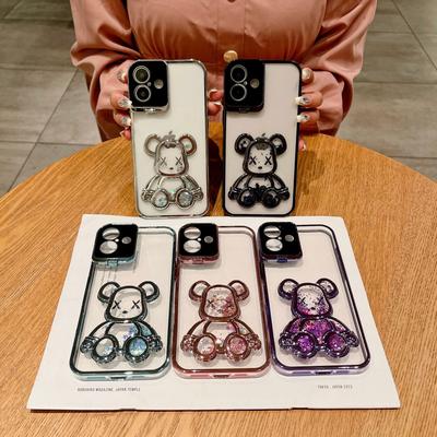 Quicksand Violent Bear Applicable IPhone 16 Mobile Case Transparent Apple 16 ProMax Lens Stand Protective Case for Women