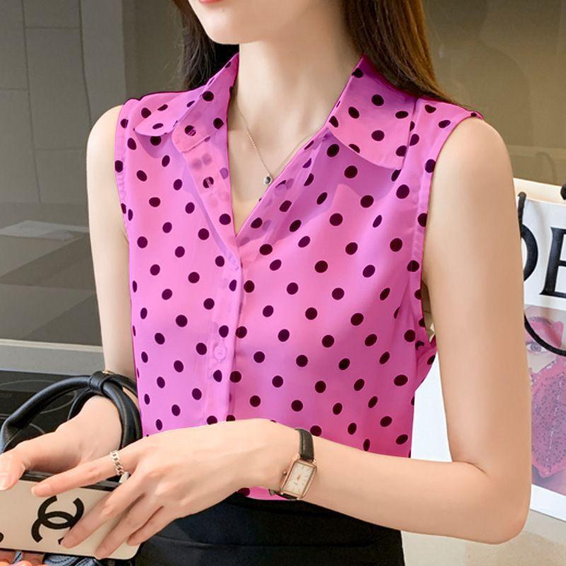 Fashion Summer Tank Blouses Korean Commuter Printed Polka Dot Polo Collar Sleeveless Chiffon Loose Button Women's Shirts