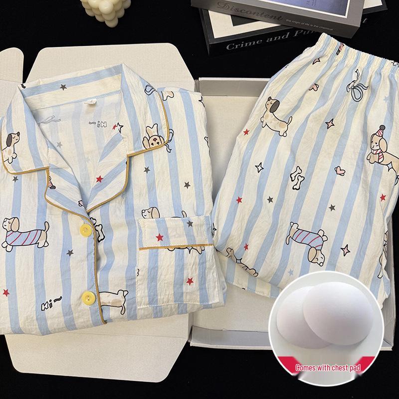 Damen Cartoon Pyjama-Set aus Wolkenbaumwolle mit Brustpolster - Langarm-Cardigan und Revers für Frühling und Herbst