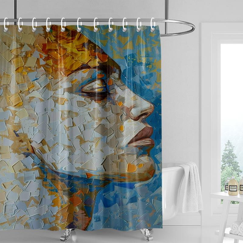 Marble Textured Shower Curtain-Classic Bust Sculpture with Crack Stone Effect, Waterproof Art Bathroom Decoration