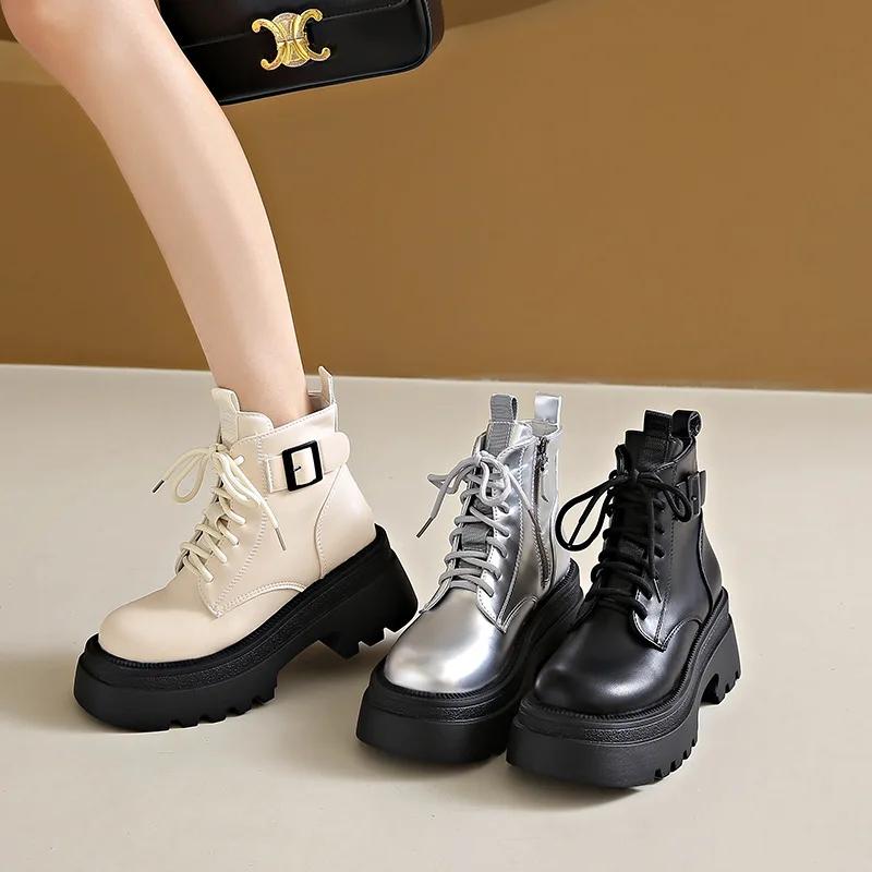 Women Boots British Autumn Winter New Platform Belt Buckle Zipper Lace Up Fashion Boots Comfortable Non Slip Outdoor Boots
