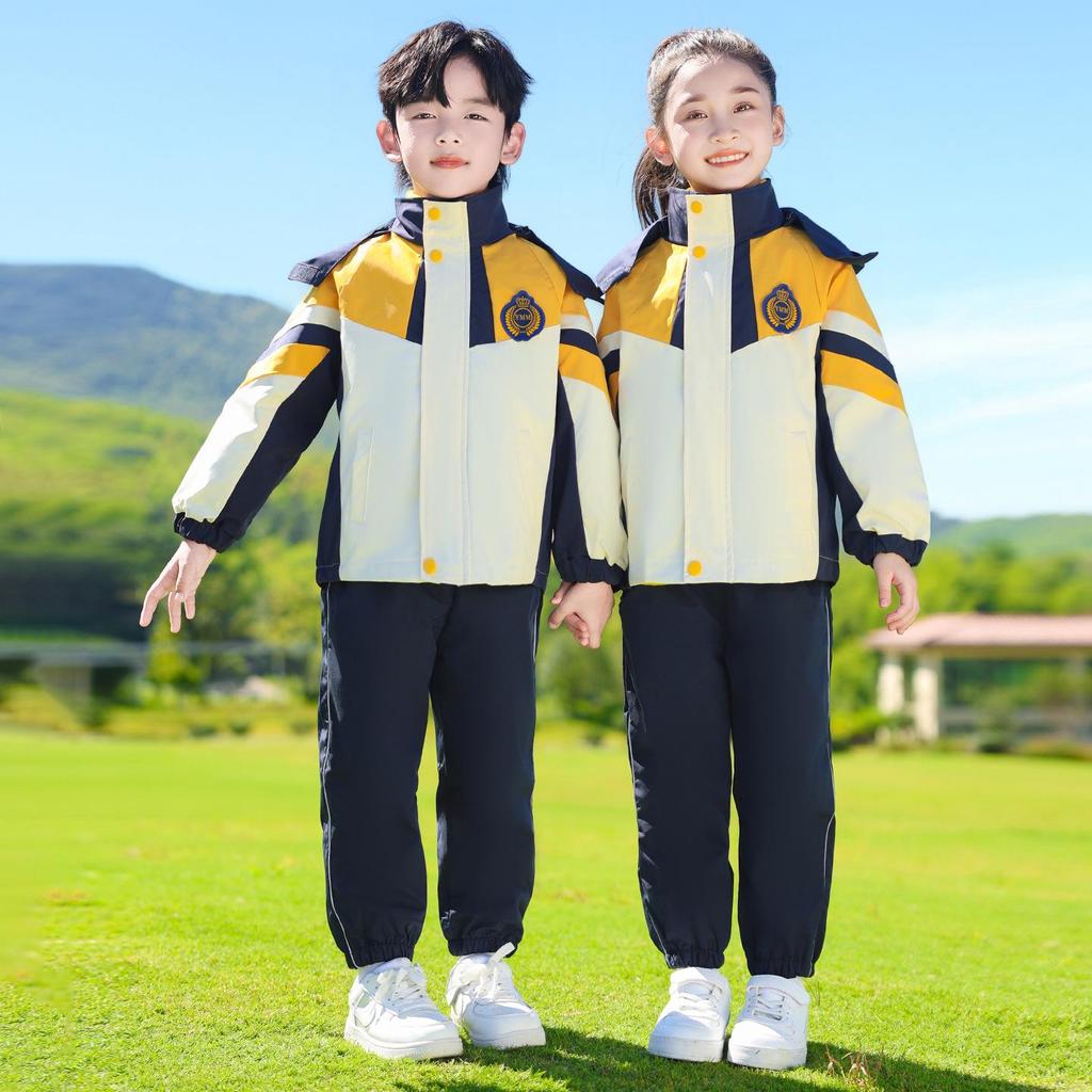 Children's Three-Piece School Uniform Set: Windbreaker for Spring & Autumn, Detachable, Winter-Ready, Thickened for Kindergarten.