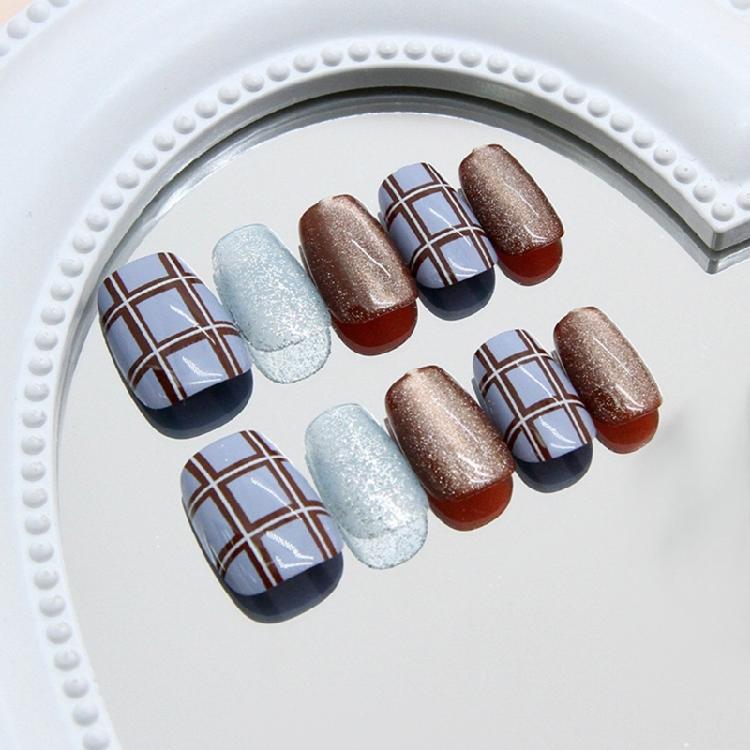 30Pcs Press on Nail Short Square Fake Nail with Plaids Cats Eye Designs Glues on Nail Glossy False Nail Artificial Nail