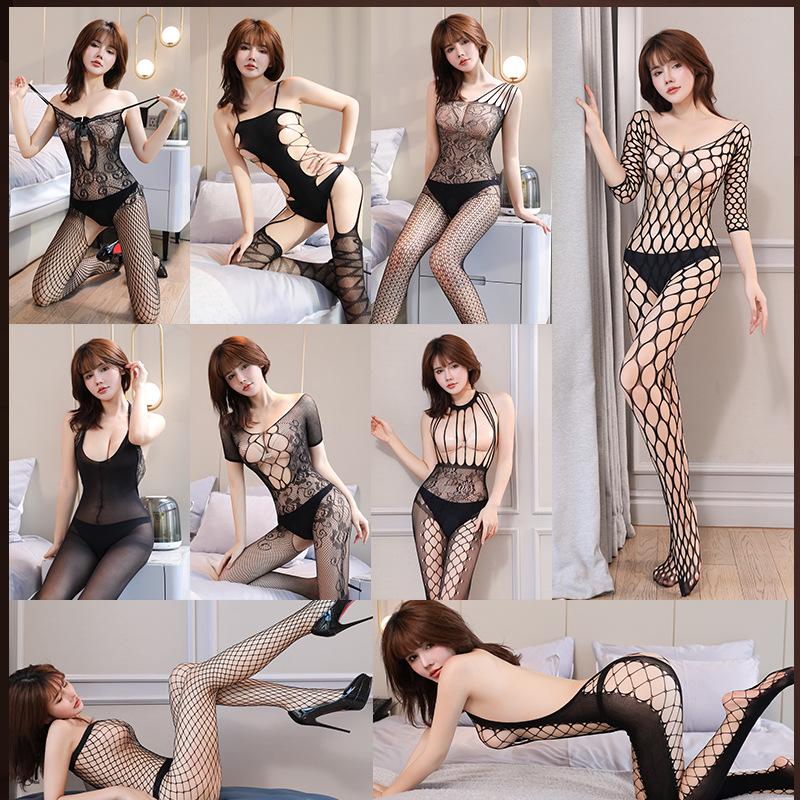 Nachtwäsche: Sexy Netz Damen Transparenter Bodystocking mit offenem Schritt Versuchungsset