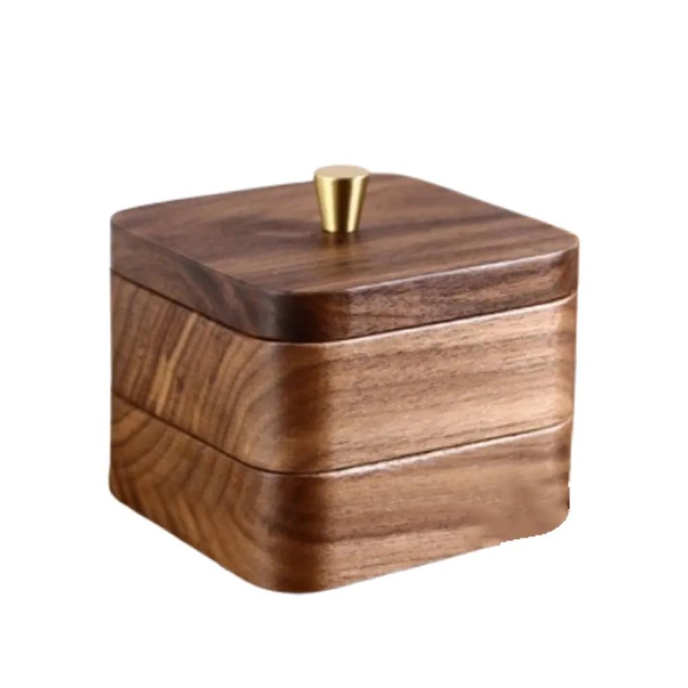 Storage Box Portable Desktop Toothpick Box with Cover Walnut Wood Cotton Swab Jar Reusable Vintage Dental Floss Box Home