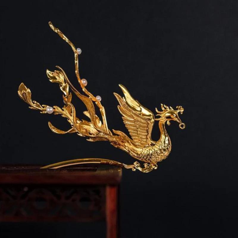 Original Design Three-dimensional Ancient Gold Craft Luxury Phoenix Tiara Ethnic Style Hair Jewelry Cheongsam Tassel Accessor