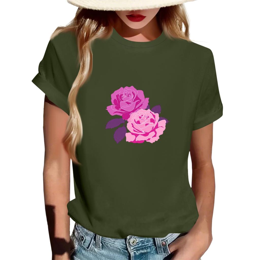 Women's Fashionable Round Neck Casual Retro Print Short Sleeved T-shirt Top