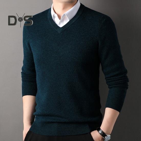 Suéter de otoño e invierno para hombre, cuello en V, tejido de color sólido, elástico, largo medio, estilo formal de negocios