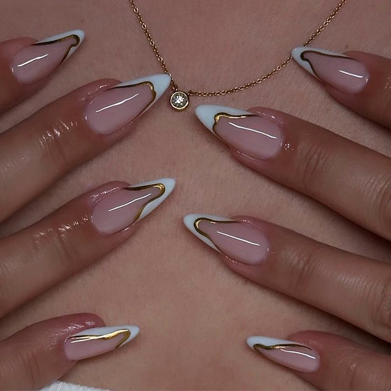 

Handmade French Gold Edge Blue Ripple Press-On Nails