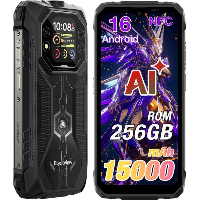 Refurbished - Blackview Rock 1 Smartphone Robuste 24Go + 256Go 15000mAh/33W 16MP Caméra 6,56'' IP68 AI Téléphone Portable Incassable NFC GPS Noir