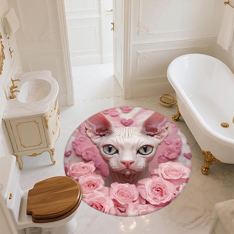 Sphynx Cat and Roses Pattern Round rug,Carpet Rug for Living Room Bedroom Sofa Playroom Decor,Non-slip Floor Mat,Holiday Gifts and Birthday Gifts