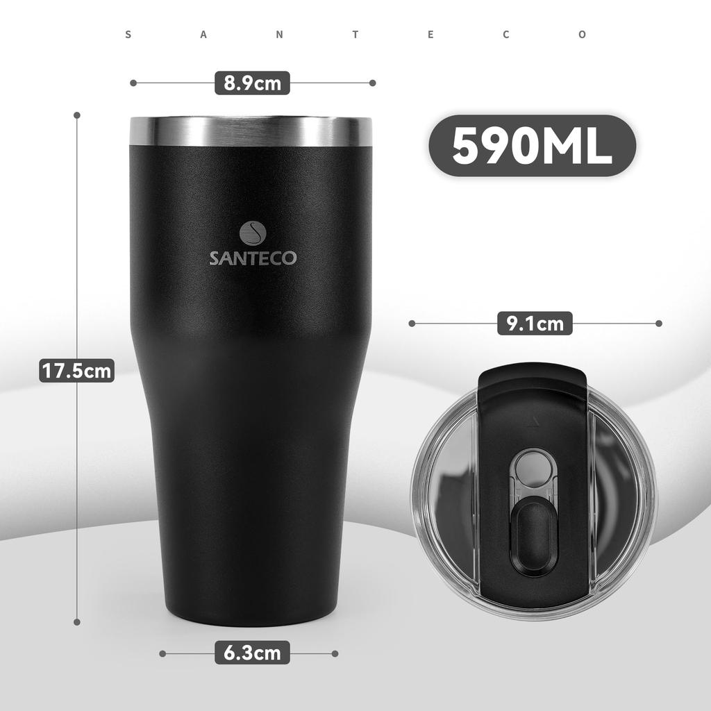 SANTECO Tumbler ESCAPE 590ML with Lid and Large Stainless Vacuum BPA Wide Mouth Black Straw, Capacity, Cold/Hot Keeper, Stylish, 18/8 Steel,