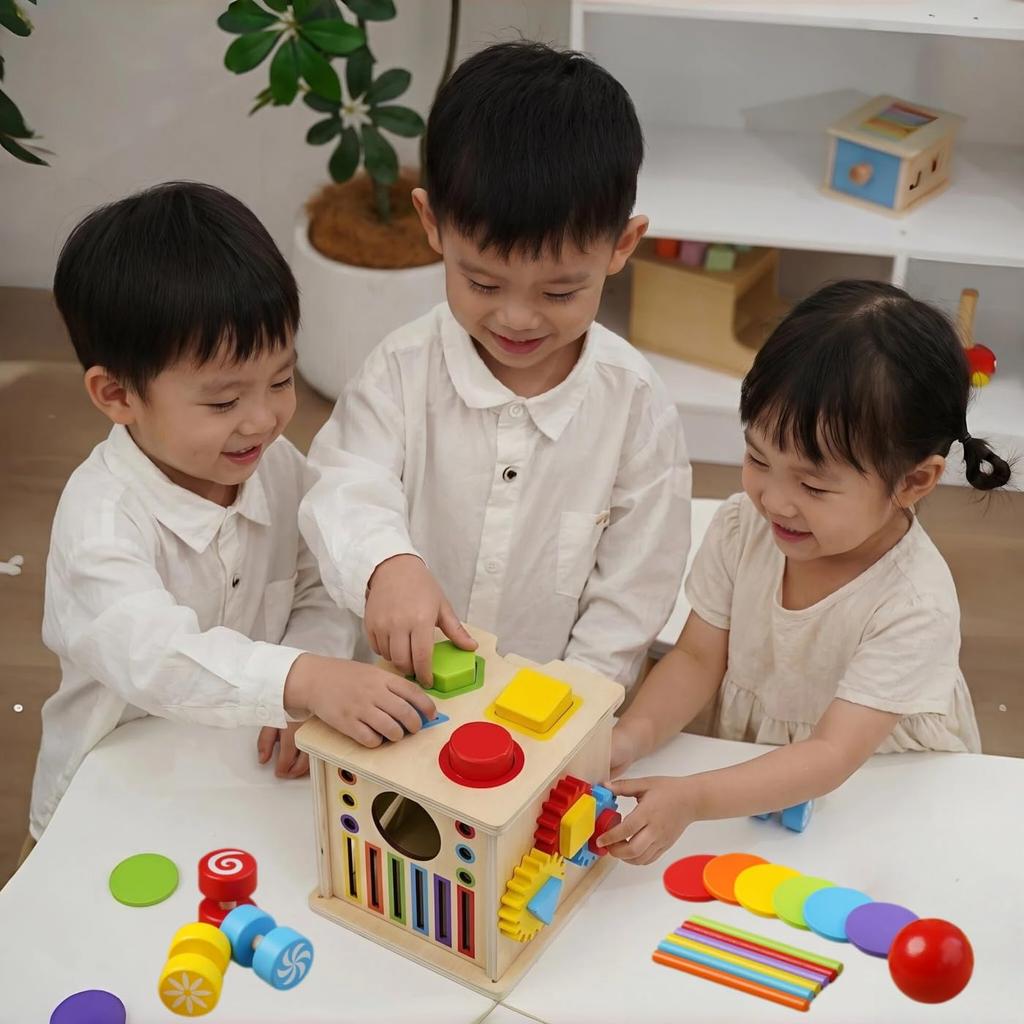 Bajoy 8-in-1 Montessori Toy: A Multi-functional Wooden Toy That Keeps Children Entertained, Featuring Color Sorting, Shape Sorting, Drawers, a