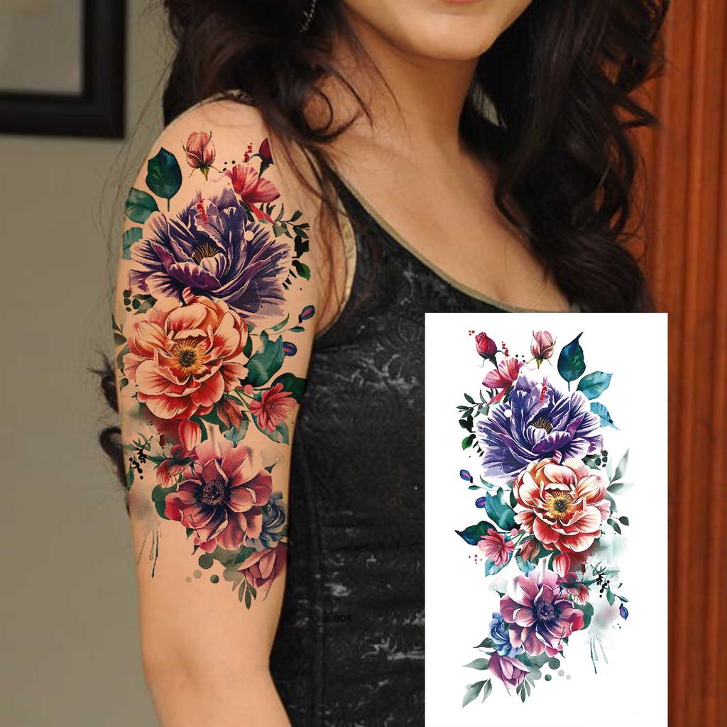 1 Sheet 3D Flower Temporary Tattoos Sleeve For Women Girls Watercolor Peony Rose Sexy Tattoo Sticker Water Transfer Transferable