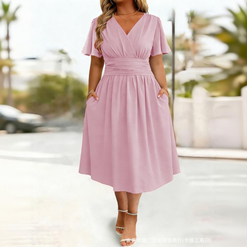 Women's V Neck Short Sleeve Dress Solid Color Waist Pleated Design Flared Sleeves Midi Length Casual Dress with Pockets