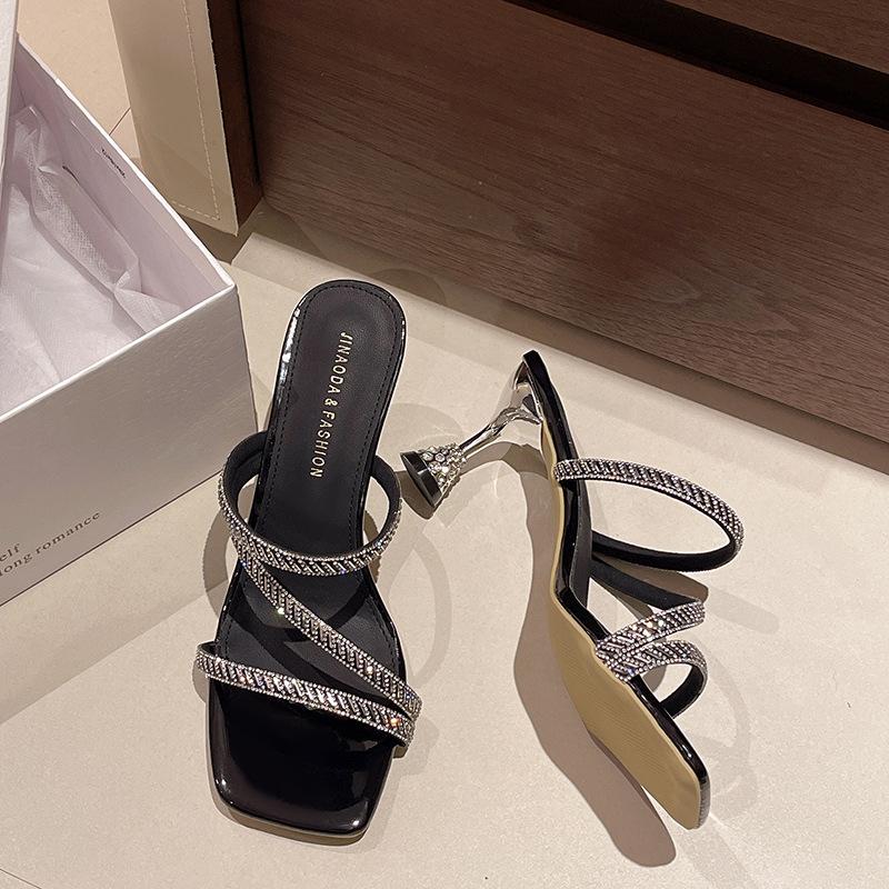 Rhinestone High-heeled Slippers Women's Summer Outer Wear Fashion 2025 New Models with Skirts Fitting Room Stiff Heel with Slippers