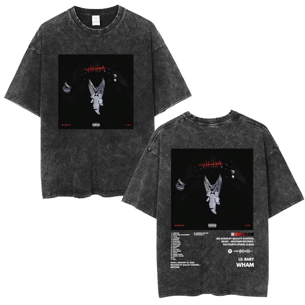 Rapper Lil Baby Wham World Tour Maglietta Lavata Vintage Uomo Donna Moda Casual Maglietta Retrò Hip Hop Magliette Oversize