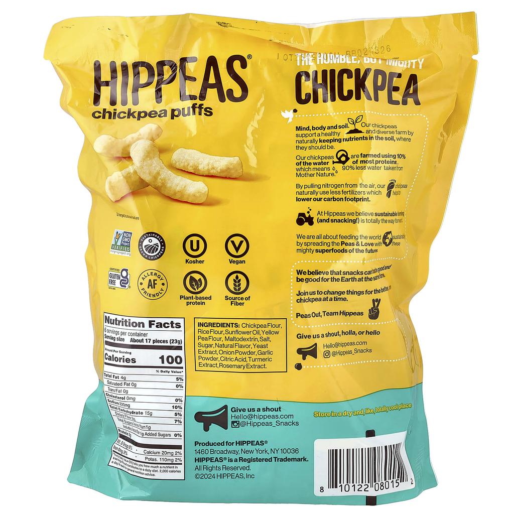 Hippeas, Chickpea Puffs, Groovy White Cheddar, 6 Packets, 23g (0.8oz) Each