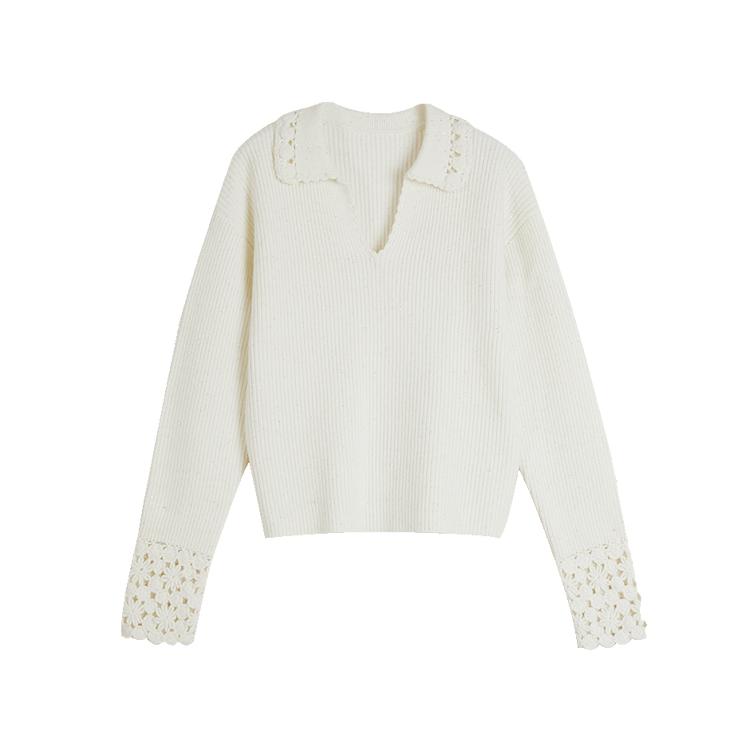 ELLE Elegant Crochet V-Neck Drop Shoulder Pullover Sweater Women Sweater Off-White EM40037