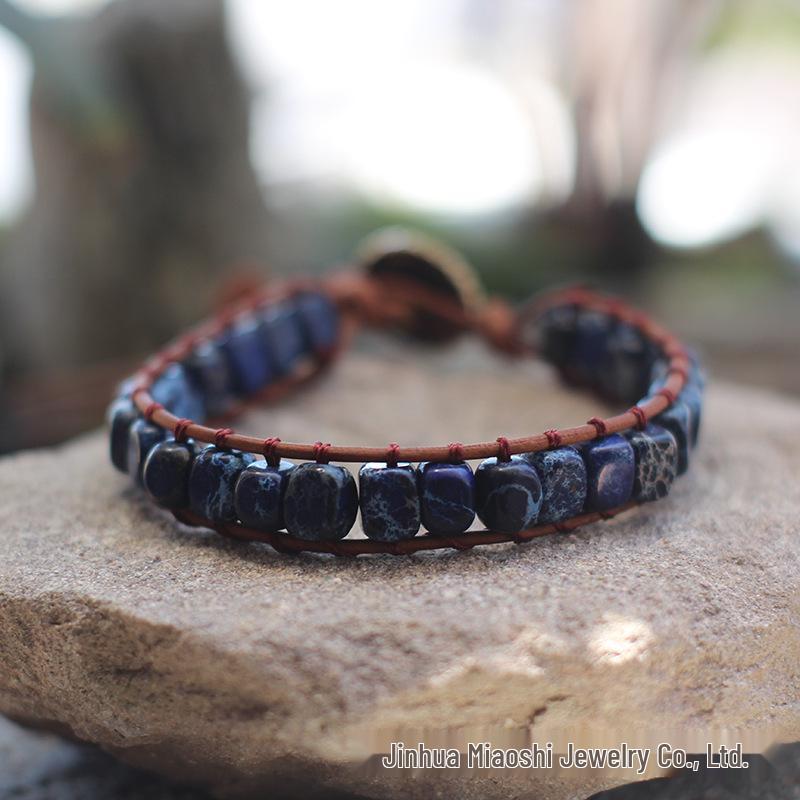 Freeform Shoushan Stone 5x7 Emperor Leather Woven Bohemian Bracelet