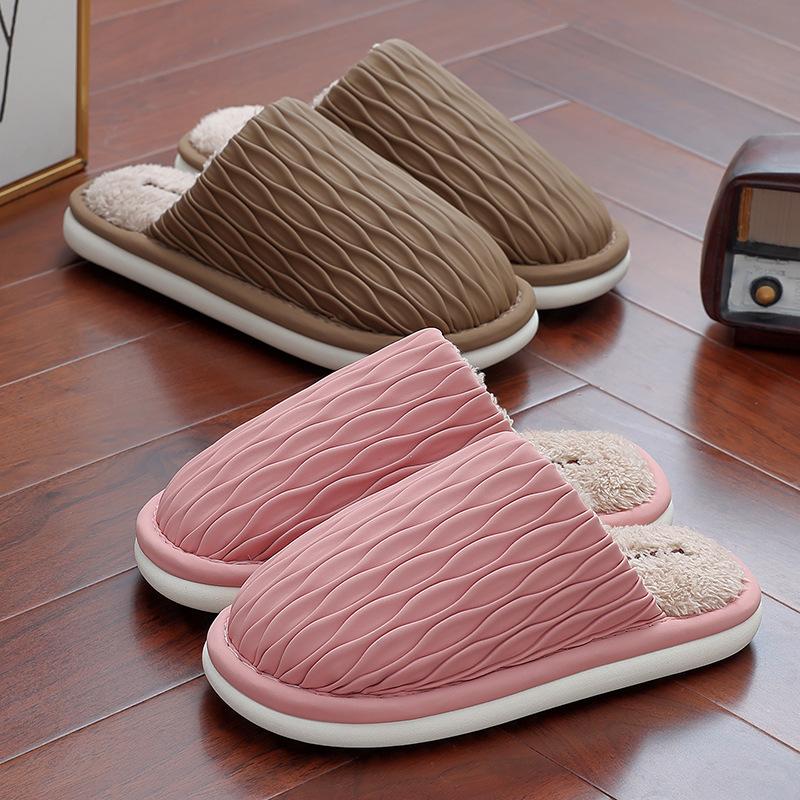 Home cotton slippers winter couple pu waterproof creative plush warm non-slip indoor household cotton mop
