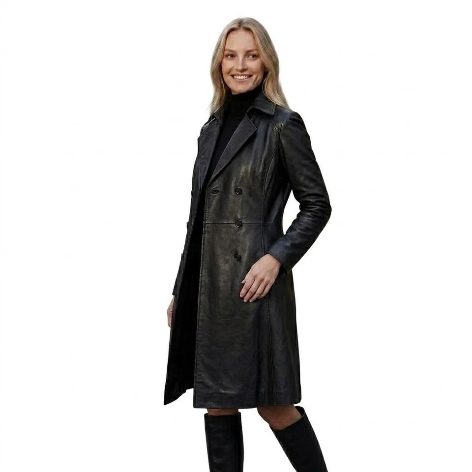 Stylish Women s Trench Coat Fit Black Genuine Real Lambskin Leather Handmade S чёрный