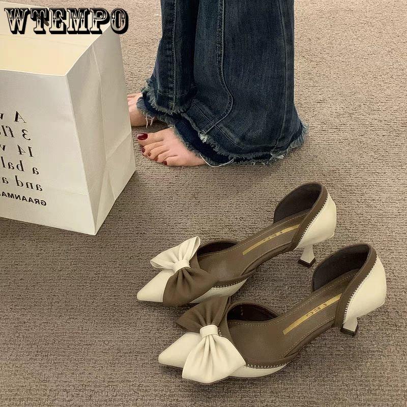 Spring and Summer Fine with High-heeled Shoes Female French Retro Bow Pointed Shallow Mouth Sandals