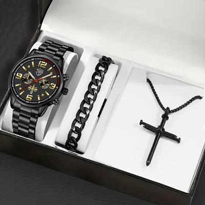 3pcs/set, 1pc Men's Fashion Casual Round Pointer Quartz Watch & 1pc Bracelet & 1pc Necklace, Men's Gifts