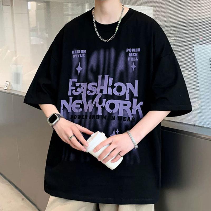 American Young Style Letter T-shirts Men's Clothing Vintage Fashion Printed Summer Round Neck Loose Basic Half Sleeve Pullovers