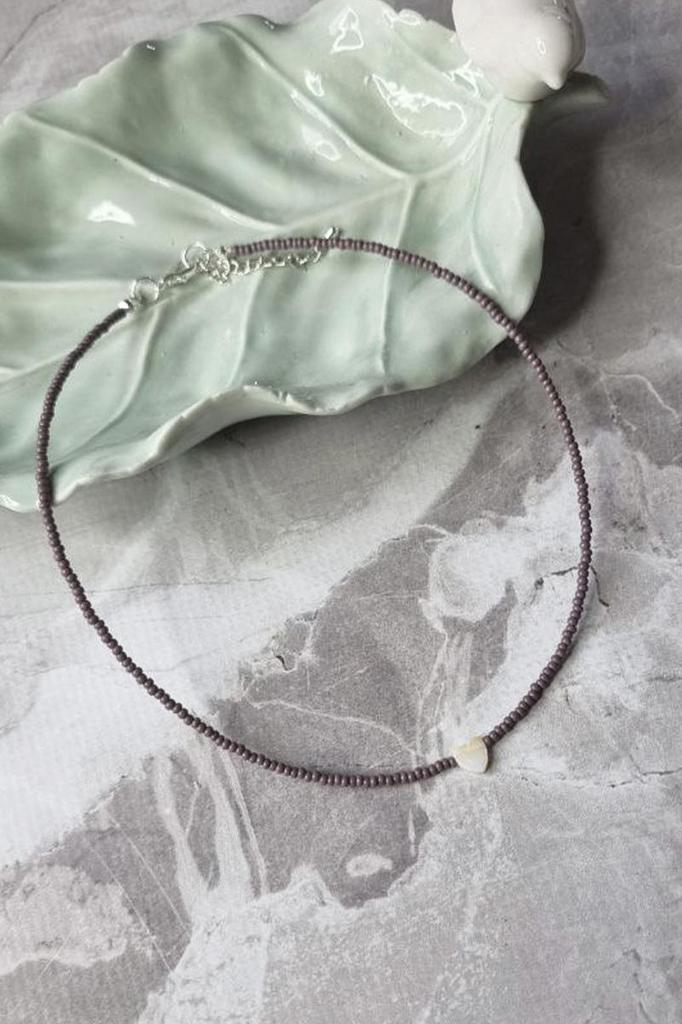 Handmade Choker with Dark Purple Seed Beads and Natural Heart Shell Pendant