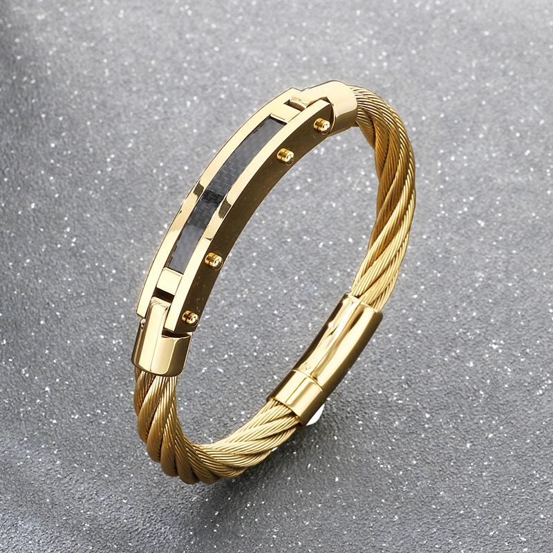 Stainless Steel Cable Wire Bracelet for Men Gold Color Magnetic Clasp Jewelry Trendy Black Accent Wristband Accessory for Gifts