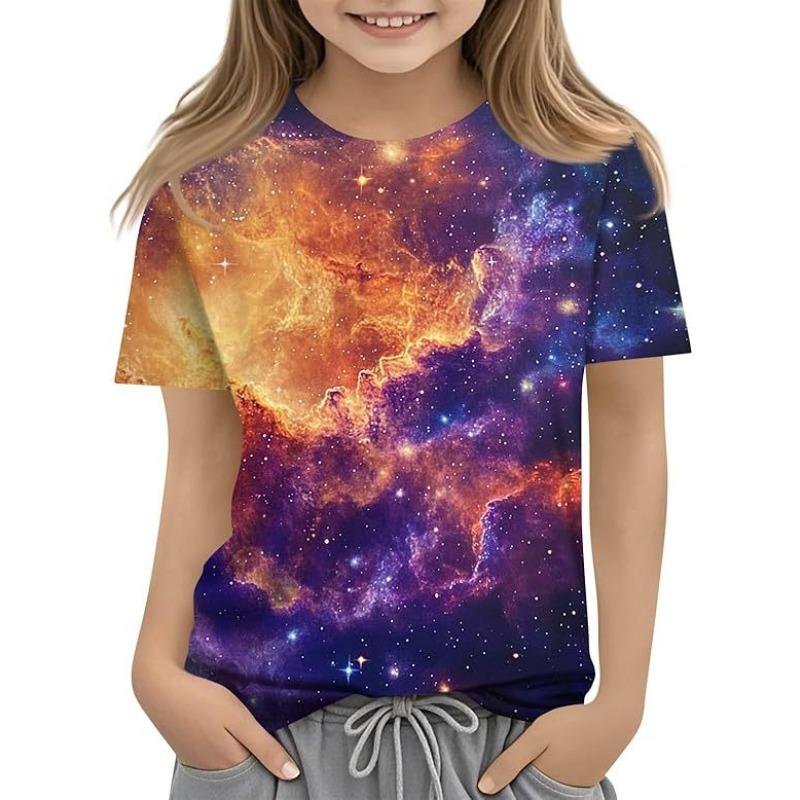 Girls T Shirts Summer Casual Starry Sky 3D Printed Short Sleeved Round Neck Children's T-shirt